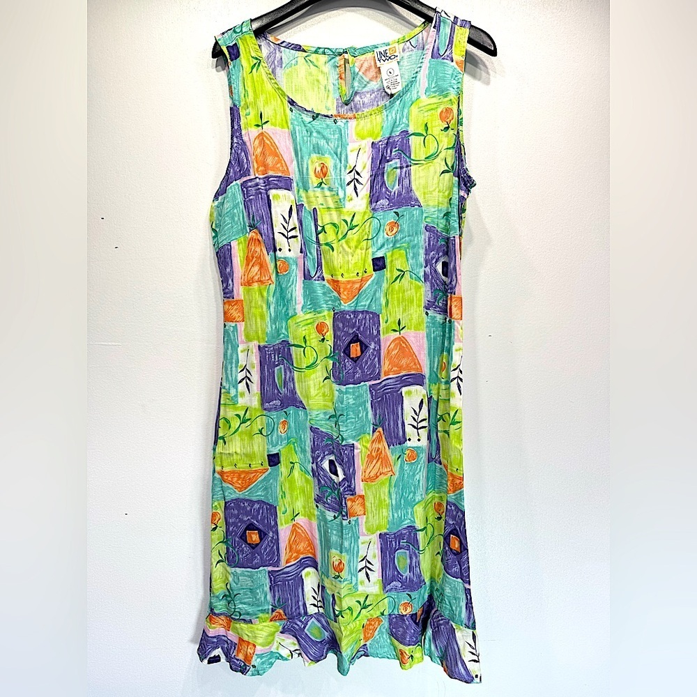 Tank Dress Summer Colors Squares & Fruit Print Ruffle Flare Hem by Line Two
